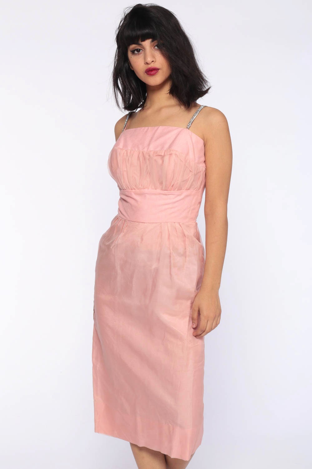 1960s Lilli Diamond Pink Rhinestone Sheath Dress Midi Extra Small XS