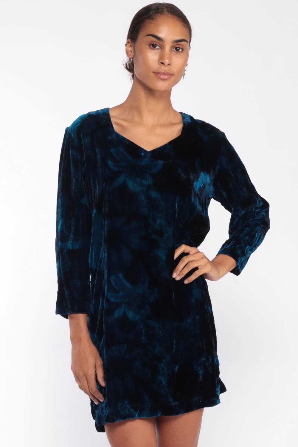 80s Blue Velvet Mini Dress Floral Tie Dye Long Sleeve Shift Medium