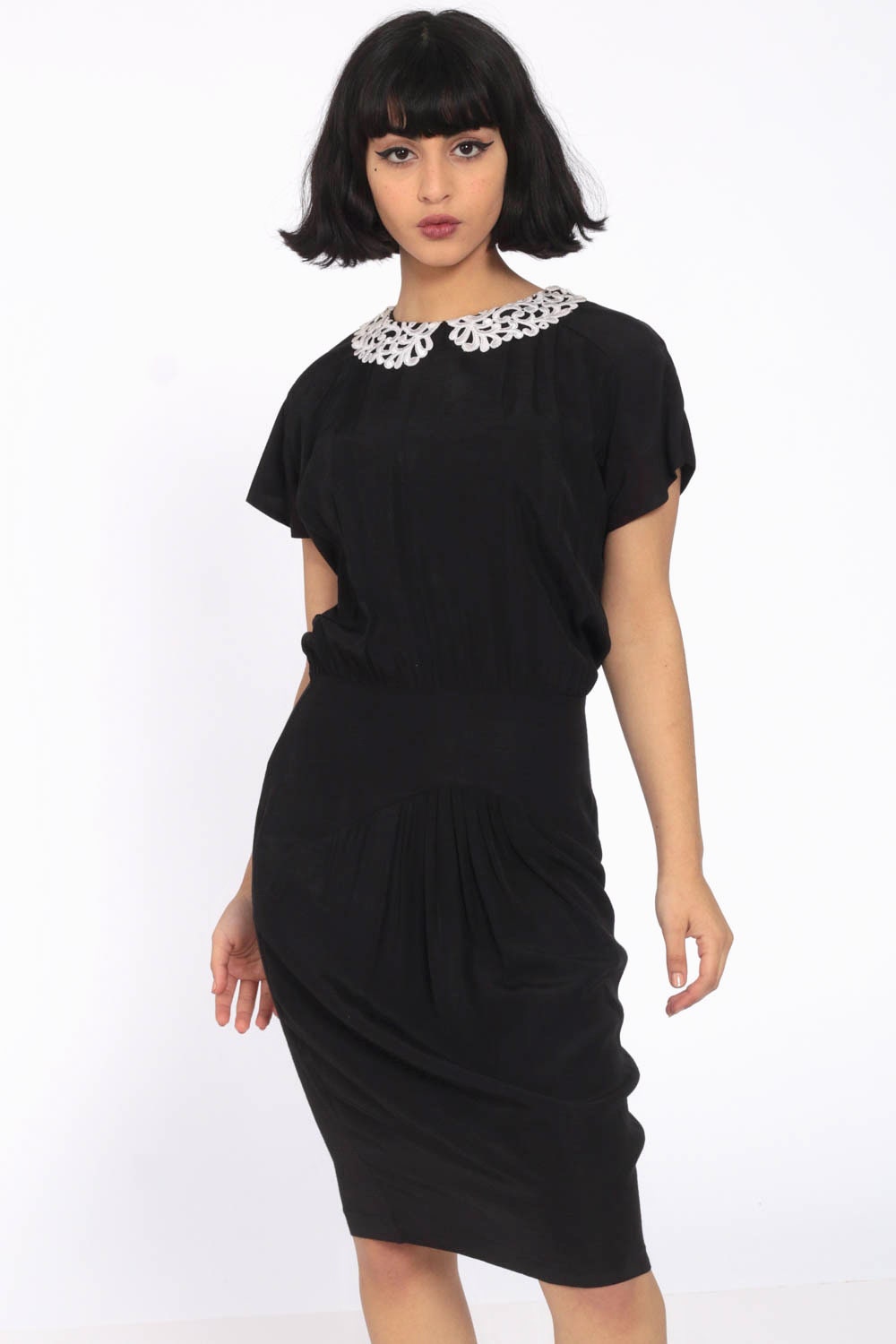 80s Black Mini Dress White Peter Pan Collar Cap Sleeve Extra Small XS
