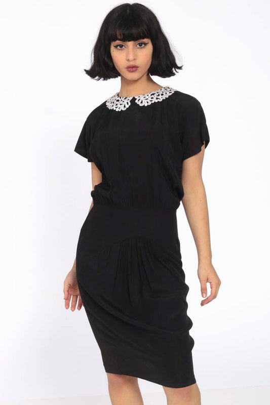 80s Black Mini Dress White Peter Pan Collar Cap Sleeve Extra Small XS