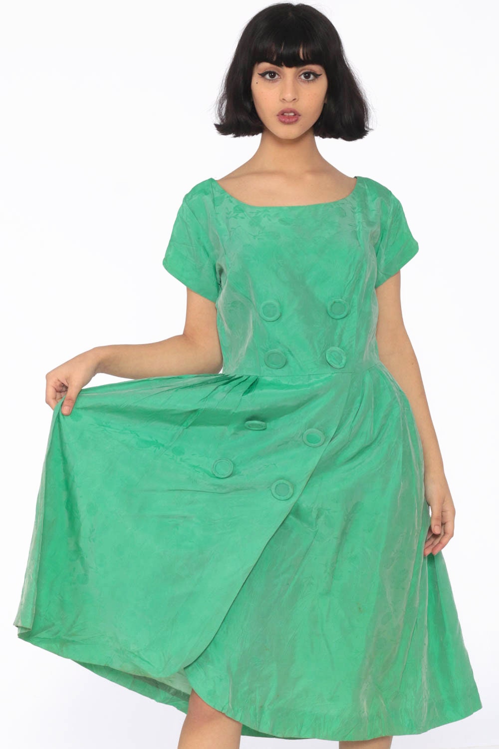 1960s Green Floral Taffeta Midi Dress Double Breasted High Waist Small