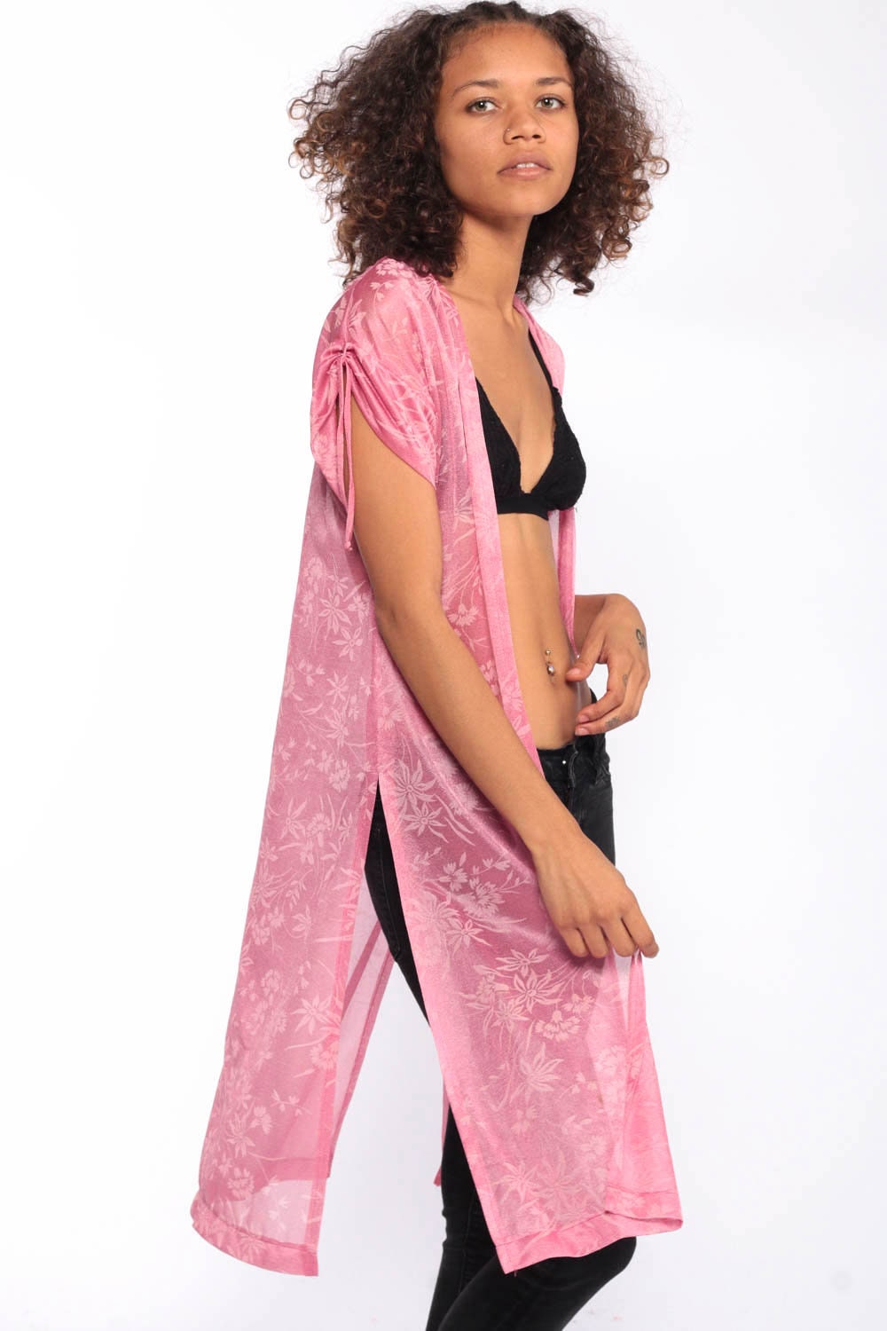 70s Pink Floral Sheer Kimono Jacket High Slit Cap Sleeve Small