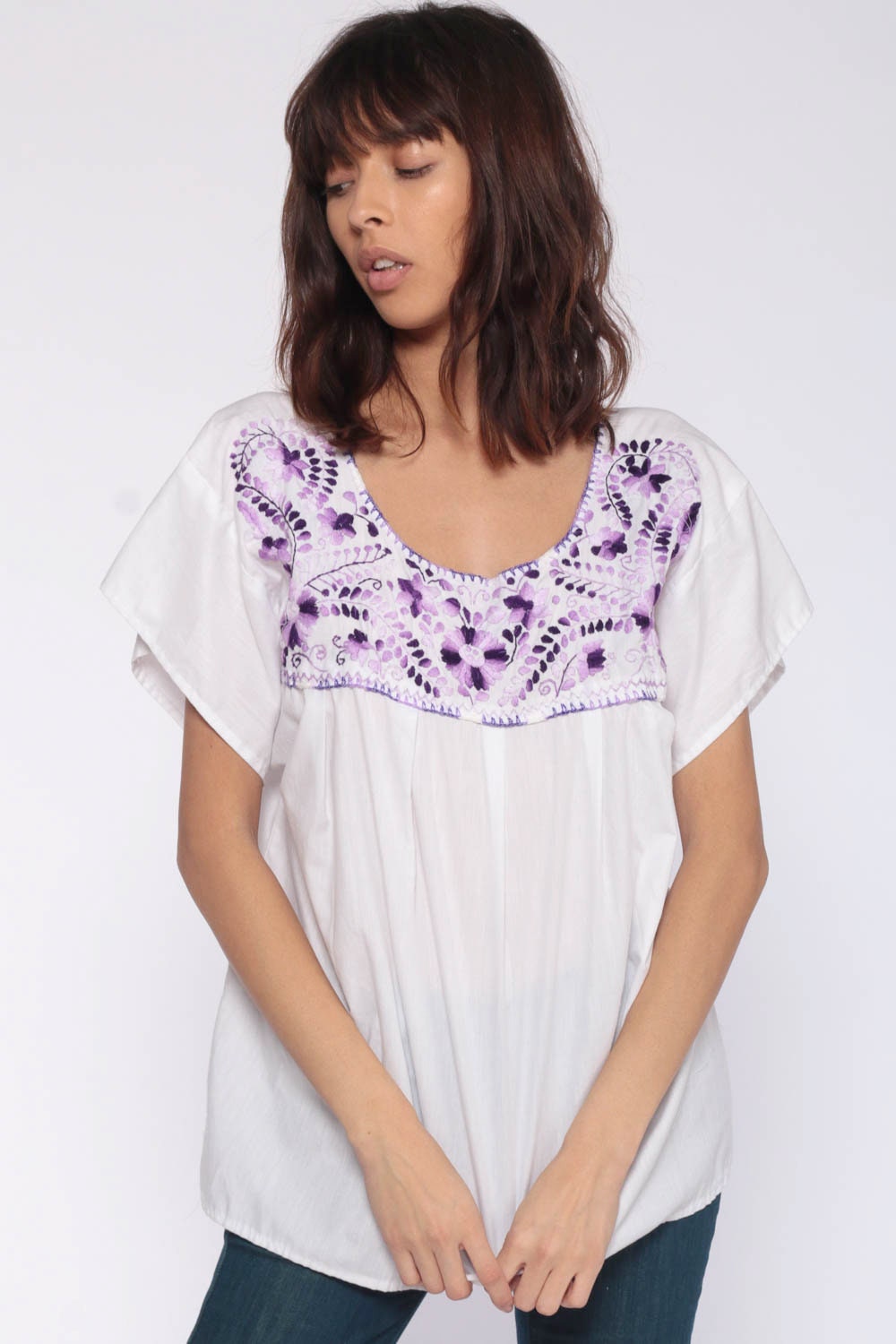 90s Mexican Embroidered Blouse Purple Floral Cotton Tunic Small Medium
