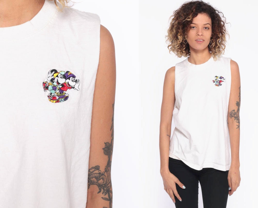 80s Mickey & Minnie Mouse Roller Skating Tank Top White Cotton Medium