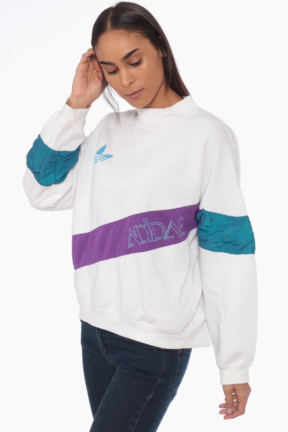 90s Adidas Trefoil Crewneck Sweatshirt Purple White Colour Block Large