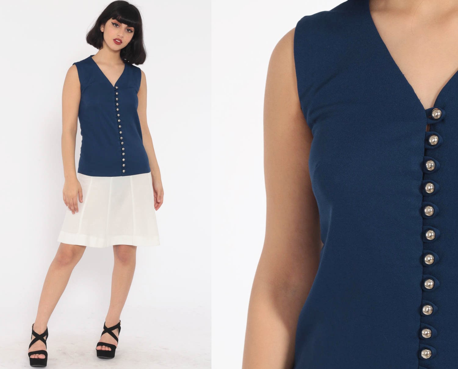 60s Mod Mini Dress Drop Waist Button Front Dark Blue Small