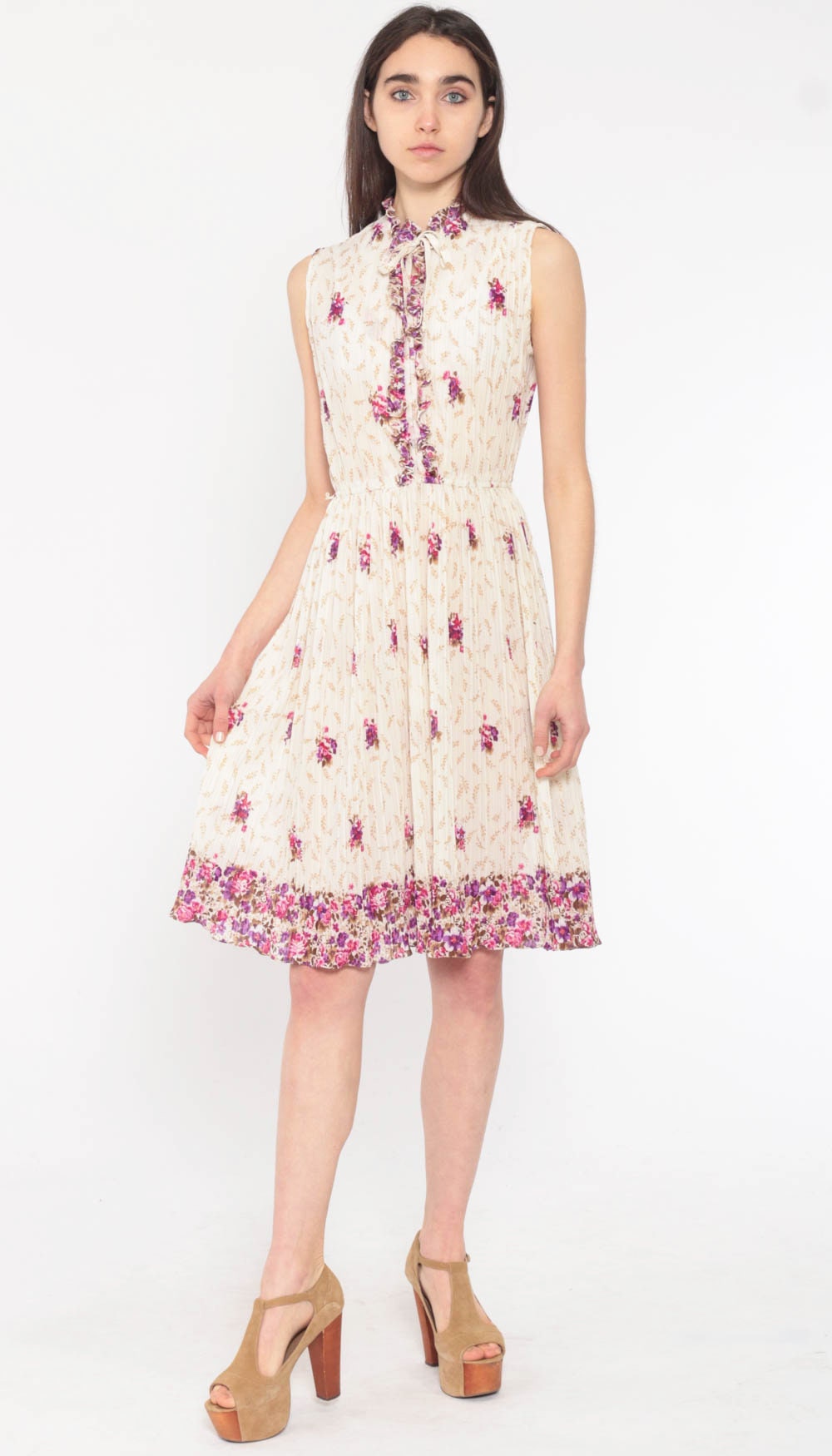 70s Floral Midi Dress Knife Pleat High Waist Keyhole Bow Necktie Sleeveless Small