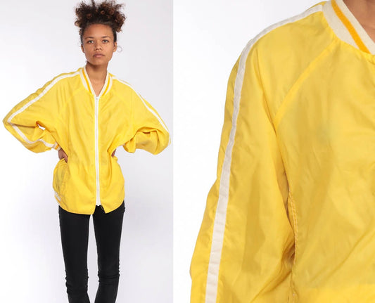 80s Yellow Nylon Windbreaker Jacket Striped Raglan Zip-Up Large
