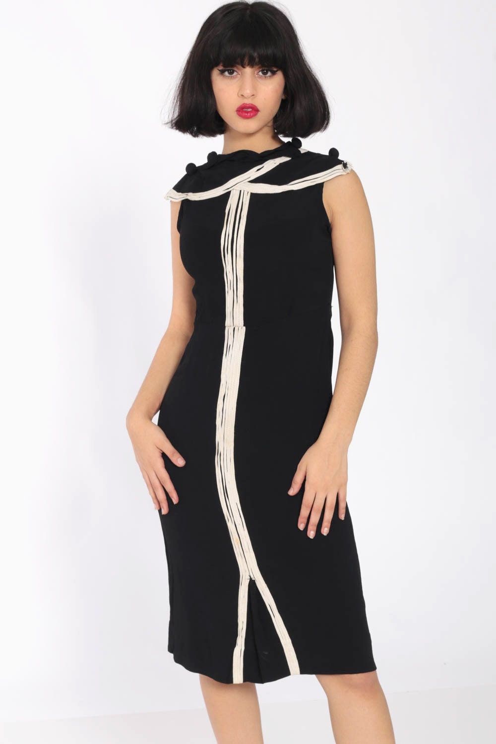 1960s Black Sheath Dress White Collar Sleeveless Midi Extra Small