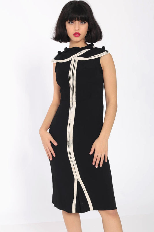 1960s Black Sheath Dress White Collar Sleeveless Midi Extra Small