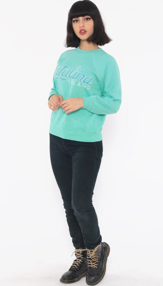 80s Catalina Island California Raglan Sweatshirt Turquoise Graphic Crewneck Extra Small