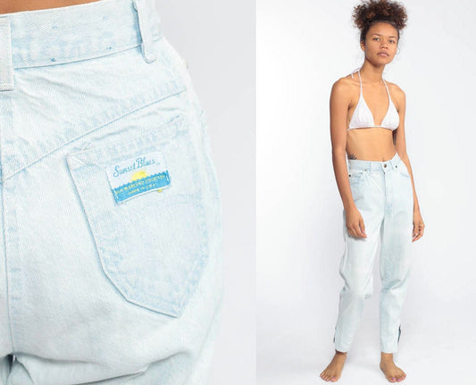 90s Sunset Blue Mom Jeans Light Wash High Waist Ankle Zip Tapered XXS
