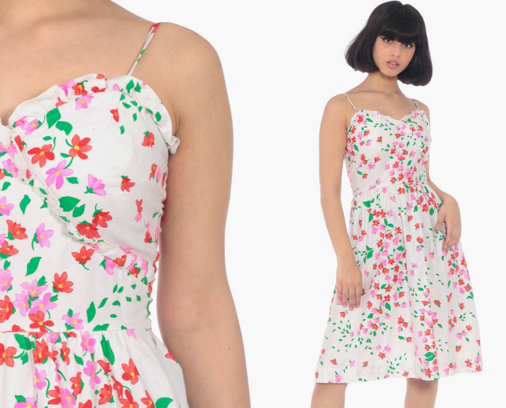 70s White Floral Midi Sundress Pink Red Print High Waist Spaghetti Strap Extra Small