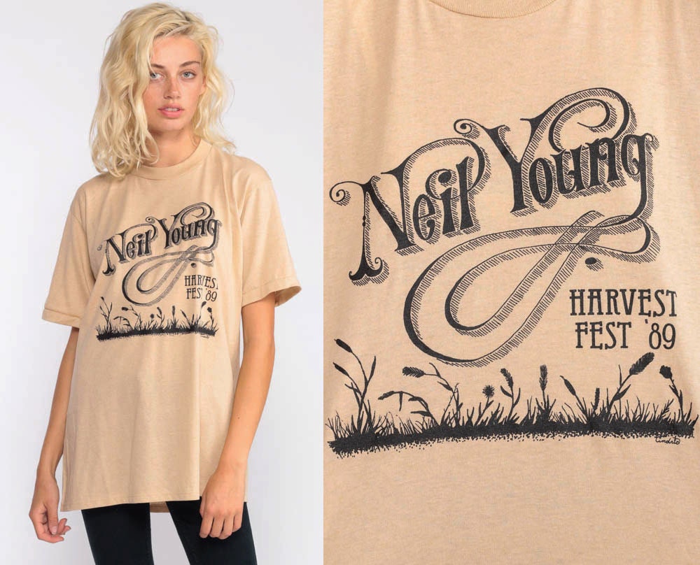 Neil Young Harvest Fest 1989 Tour Band T-Shirt Tan Graphic Tee Extra Large