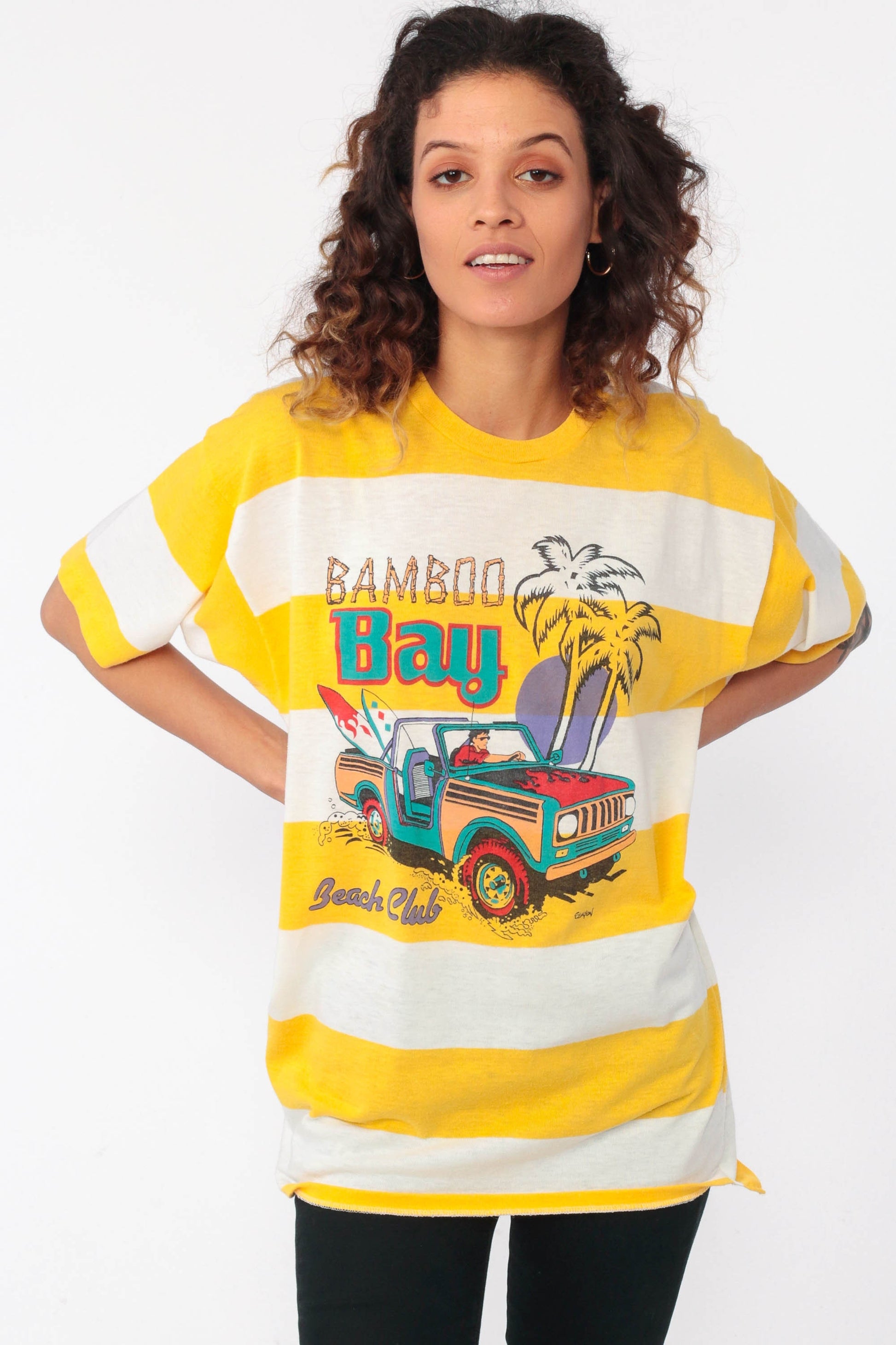 90s Bamboo Bay Surfer Graphic T-Shirt Yellow Striped Small