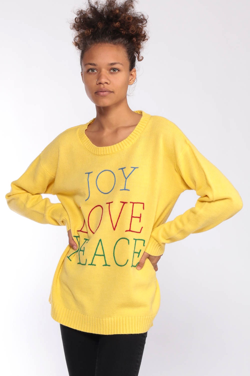1970s Yellow Joy Love Peace Knit Sweater Pullover Small Medium