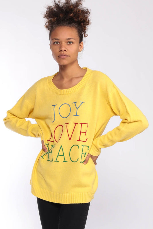 1970s Yellow Joy Love Peace Knit Sweater Pullover Small Medium