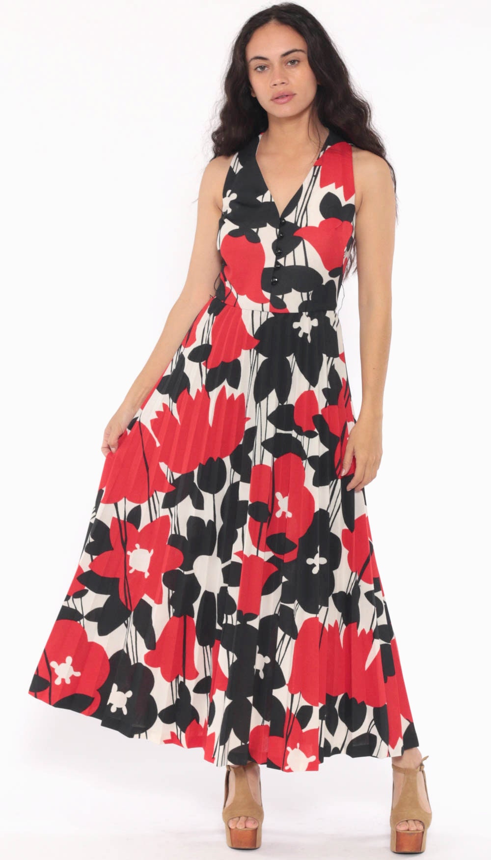 70s Michelle by Almalfi Floral Maxi Dress High Waist Pleated Red Black White Extra Small