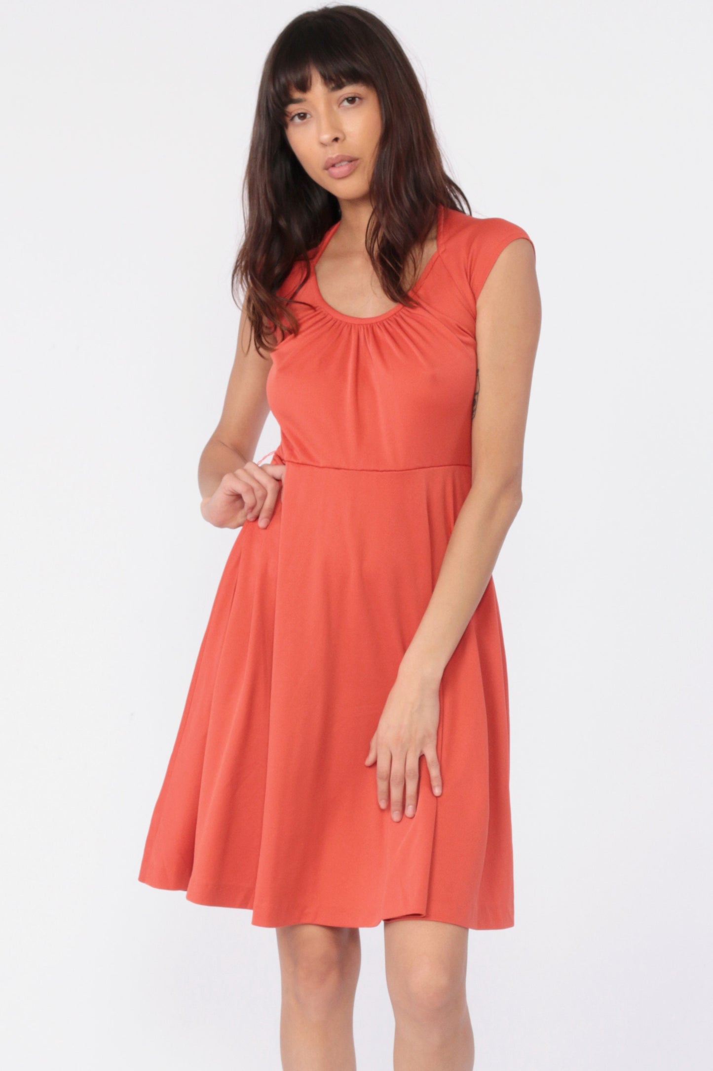 70s Orange Grecian Mini Dress Cap Sleeve Flared Round Neck Small