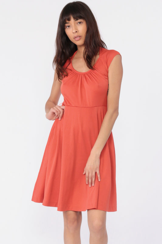 70s Orange Grecian Mini Dress Cap Sleeve Flared Round Neck Small