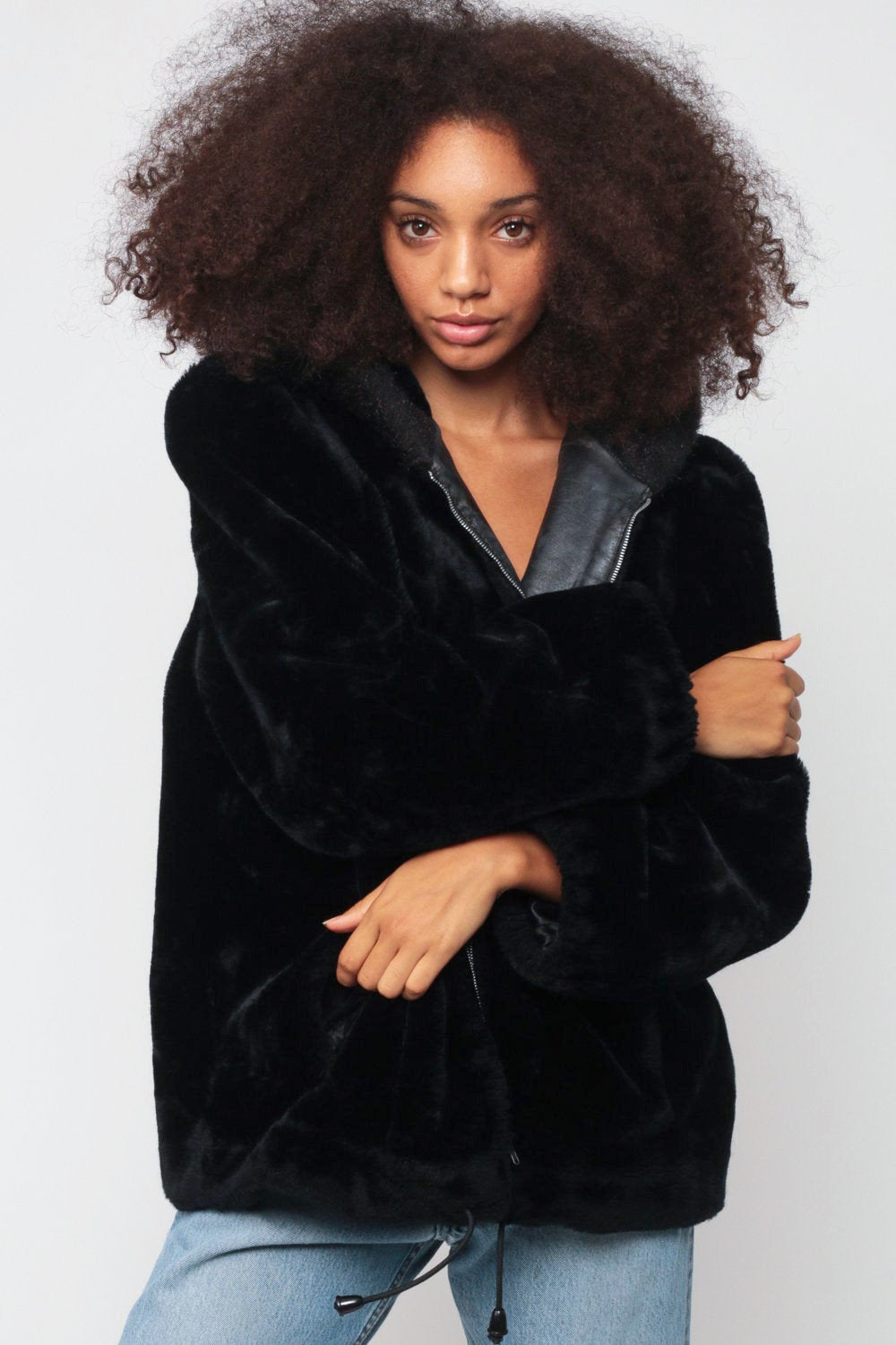 80s Black Faux Fur Hooded Jacket Zip Front Leather Trim Extra Large XXL