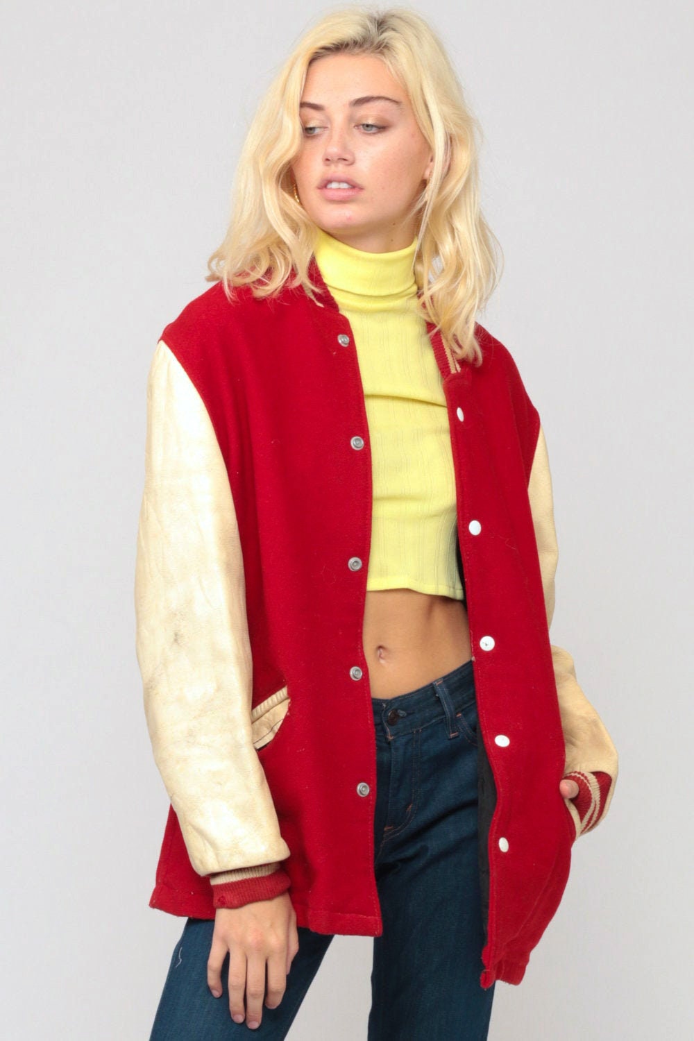 80s Wool Varsity Jacket Red Leather Sleeves Unisex Large