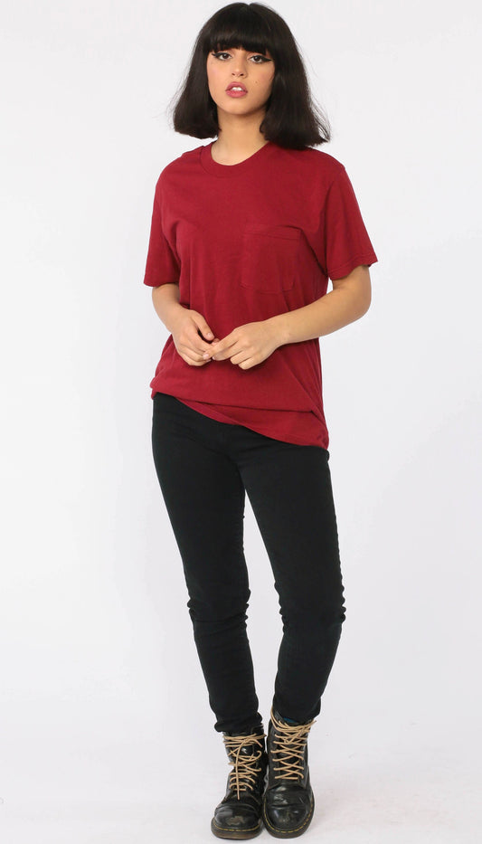 80s Burgundy Cotton Pocket T-Shirt Plain Tee Extra Small