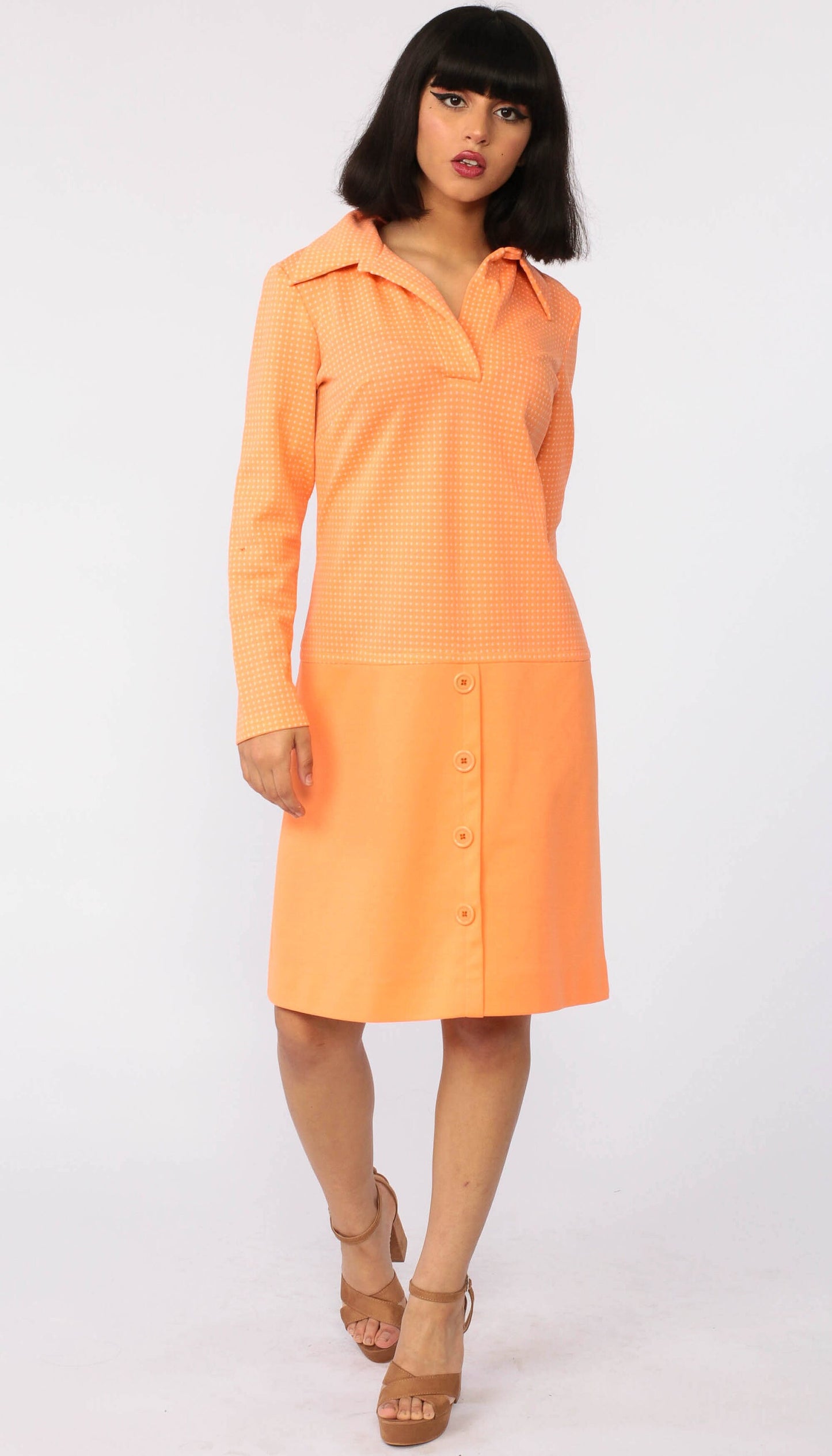 60s Mod Mini Dress Orange Polka Dot Drop Waist Shift Medium