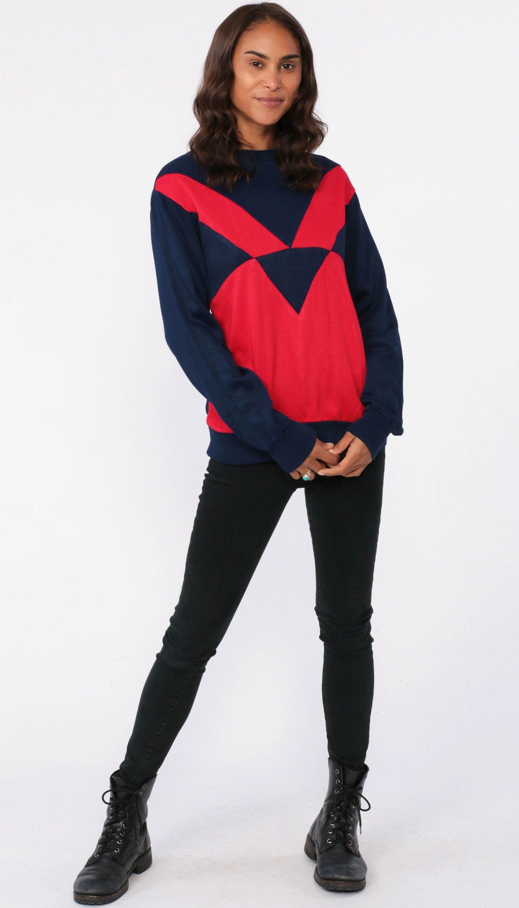 80s Color Block Sweatshirt Navy Blue Red Crewneck Pullover Small
