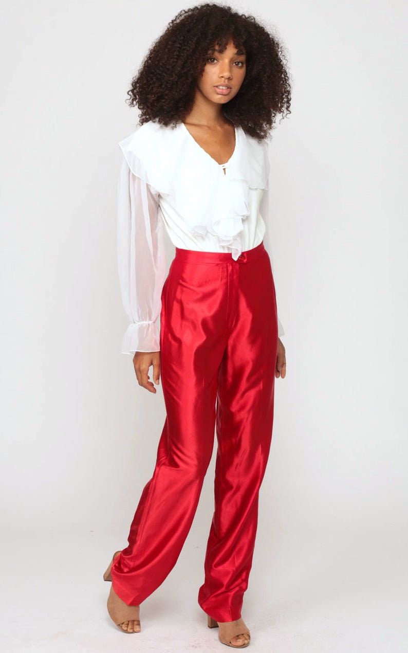70s Red Disco Pants High Waisted Straight Leg Shiny Trousers Small