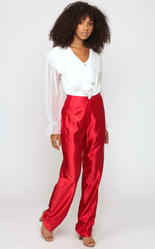 70s Red Disco Pants High Waisted Straight Leg Shiny Trousers Small