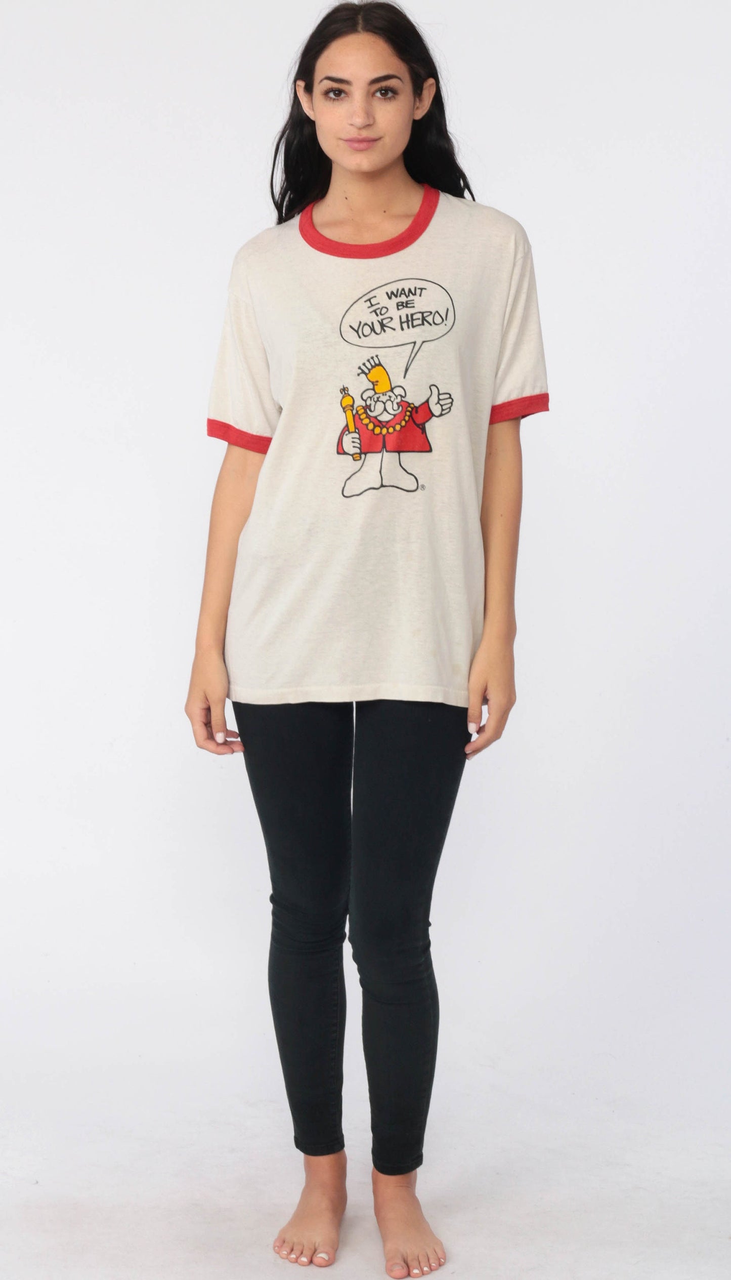 80s Hero King Ringer T-Shirt Graphic Tee I Want To Be Your Hero Medium