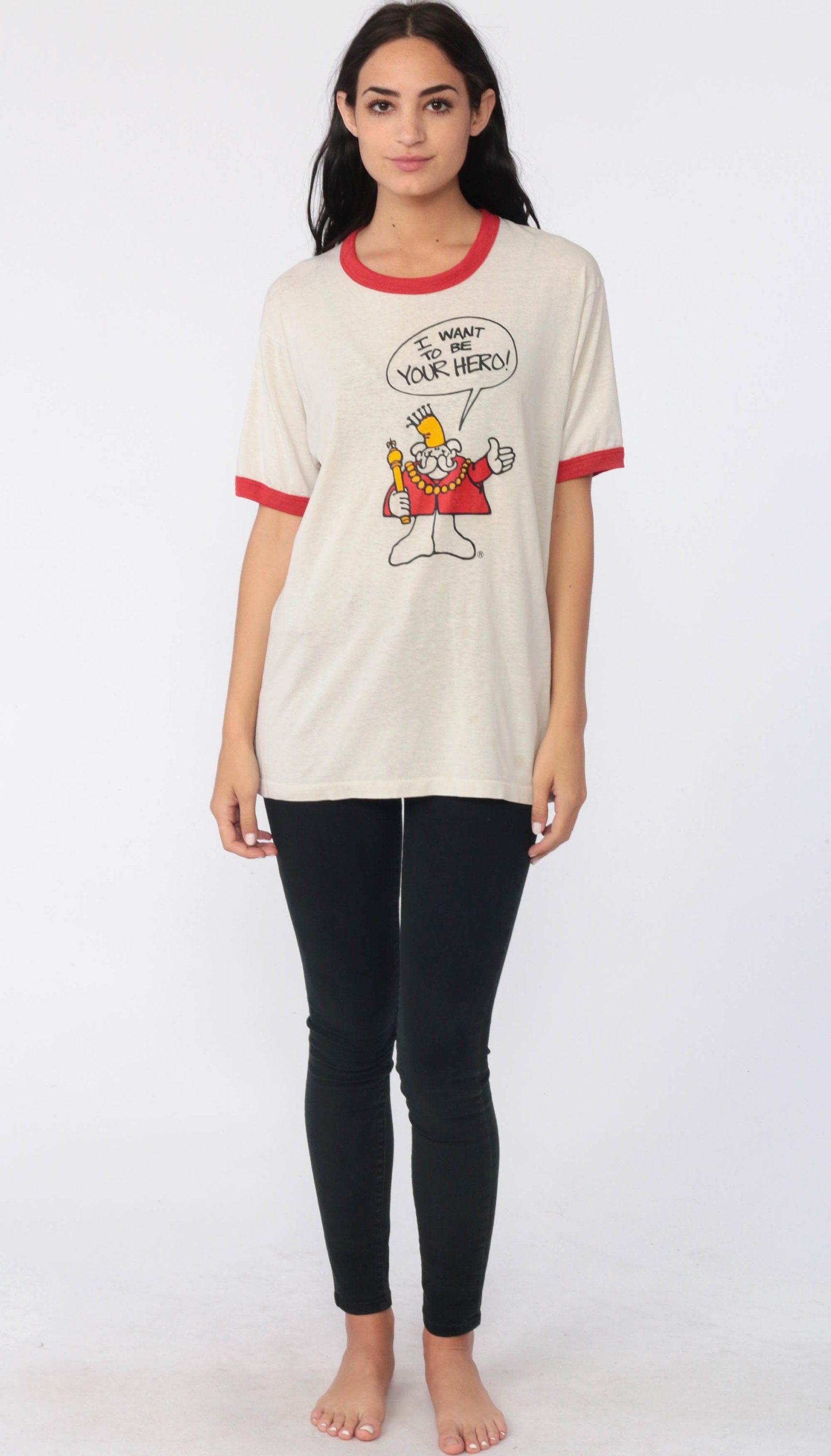 80s Hero King Ringer T-Shirt Graphic Tee I Want To Be Your Hero Medium