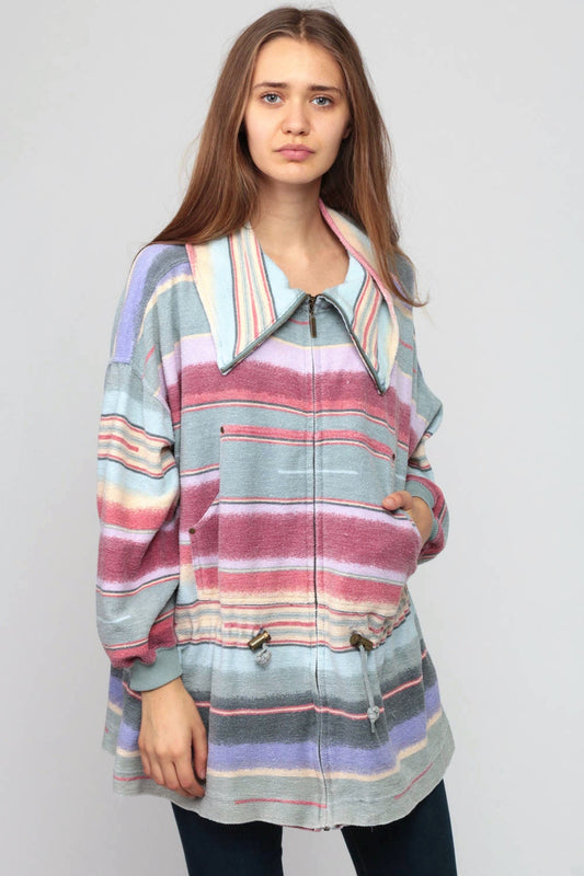 90s Striped Anorak Jacket Drawstring Waist Pink Green Cotton Extra Large XXL