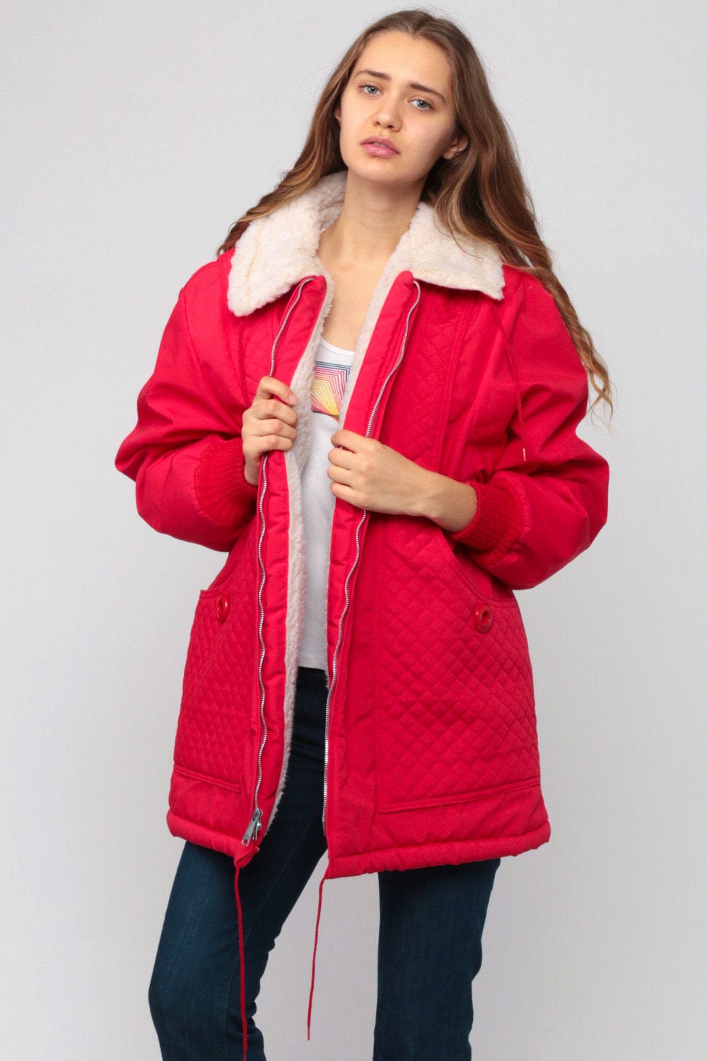 70s Red Puffer Ski Jacket Sherpa Lining Zip Front Large