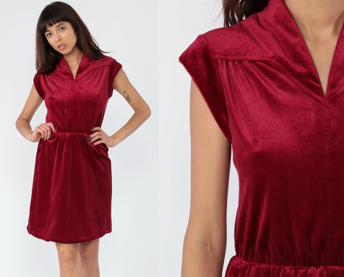 70s Dark Red Velvet Mini Dress Cap Sleeve High Waist Small Medium