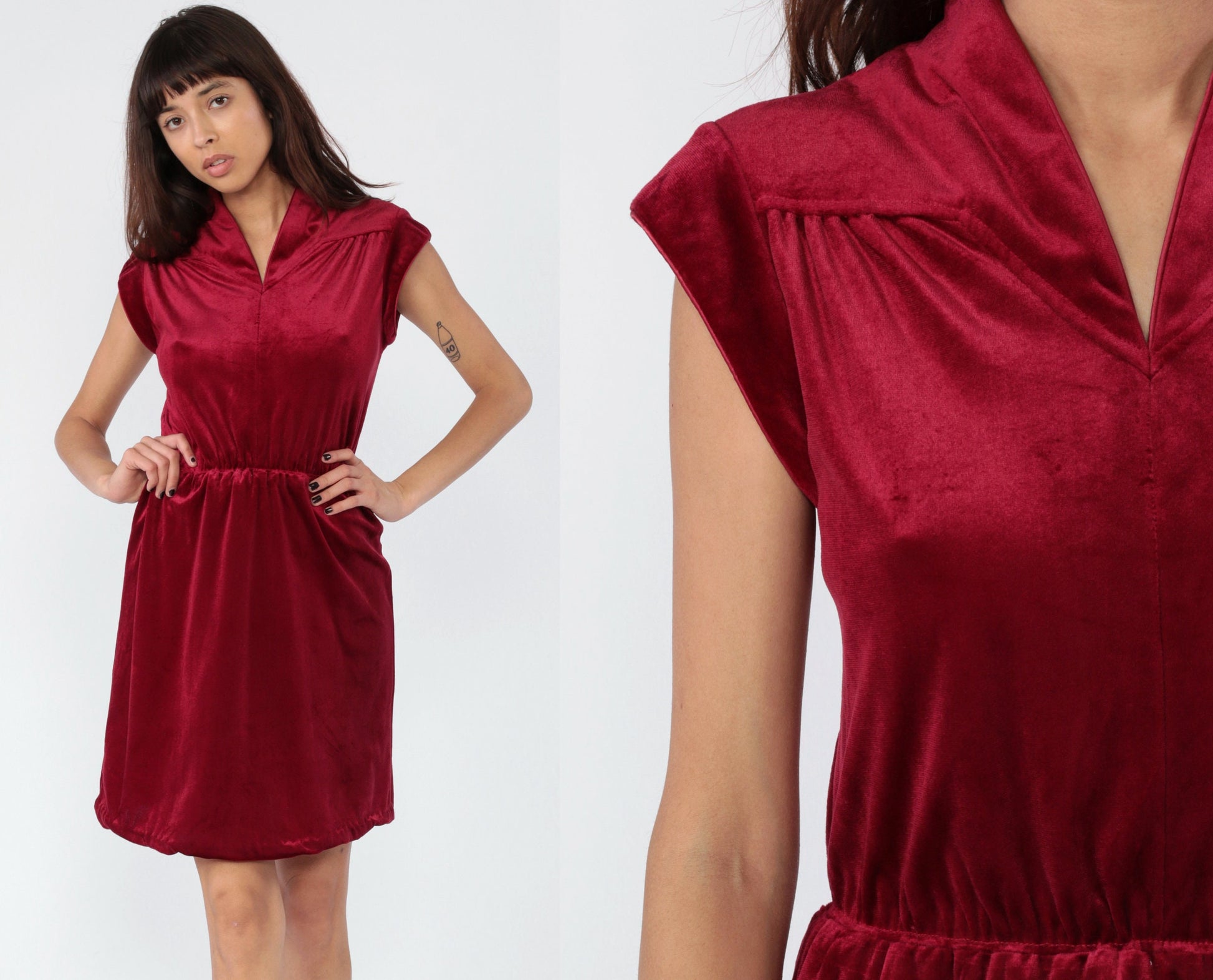 70s Dark Red Velvet Mini Dress Cap Sleeve High Waist Small Medium