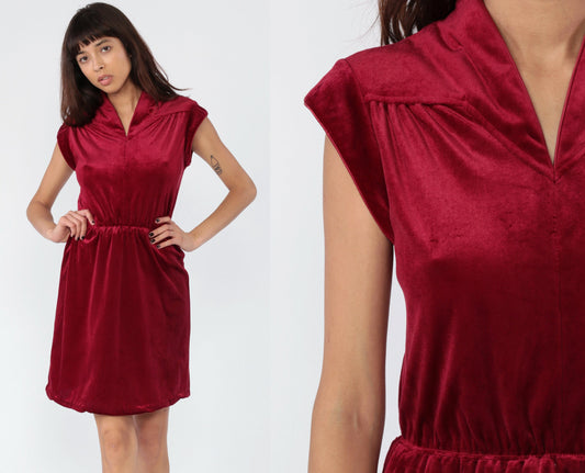 70s Dark Red Velvet Mini Dress Cap Sleeve High Waist Small Medium