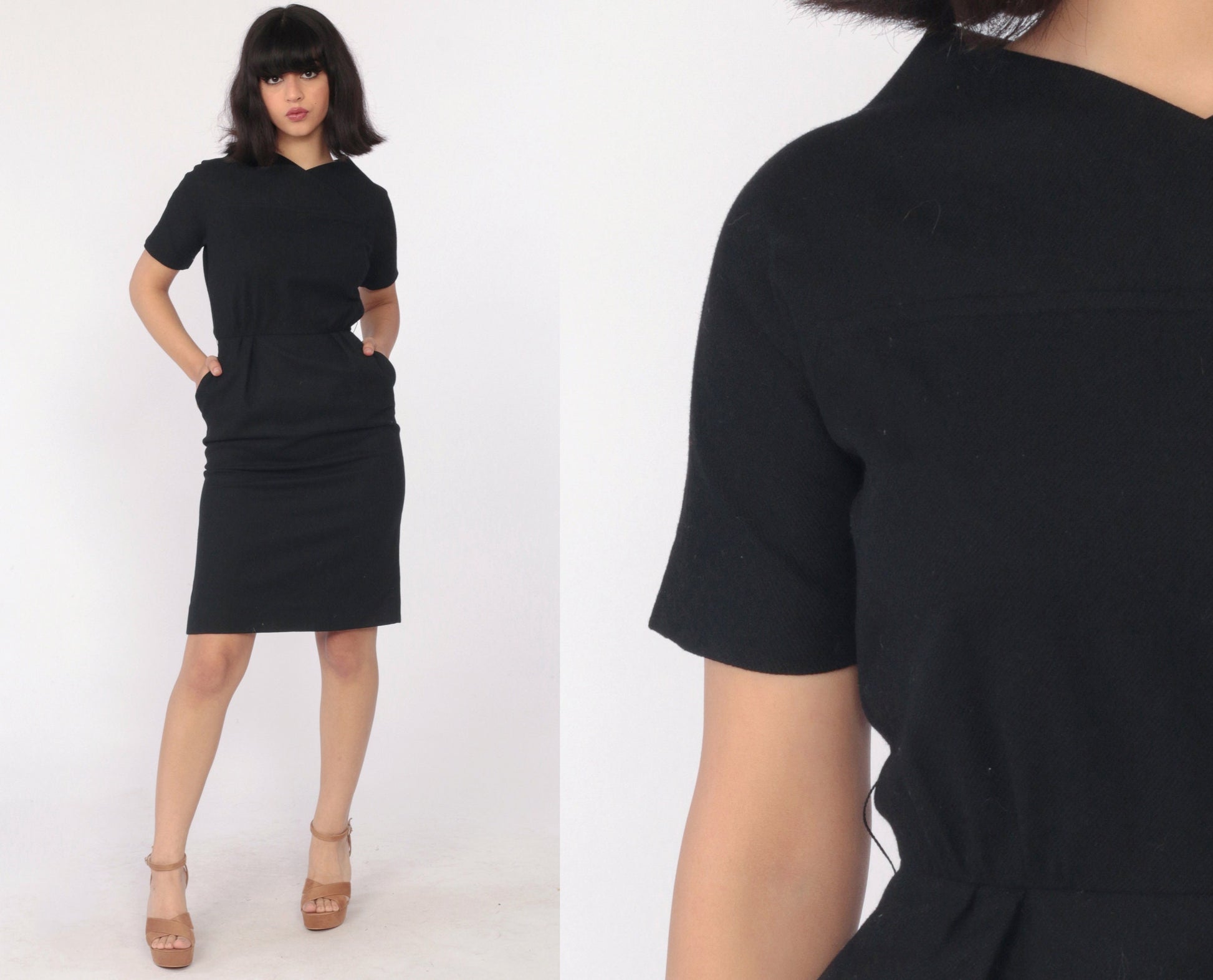 1960s Sue Brett Junior Black Wool Mini Sheath Dress Cap Sleeve Extra Small