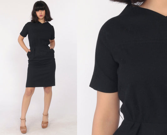 1960s Sue Brett Junior Black Wool Mini Sheath Dress Cap Sleeve Extra Small