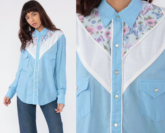 80s Western Butterfly Pearl Snap Blouse Baby Blue Long Sleeve Large