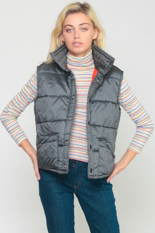 1970s Grey Puffer Vest Unisex Snap Front Sleeveless Jacket Medium