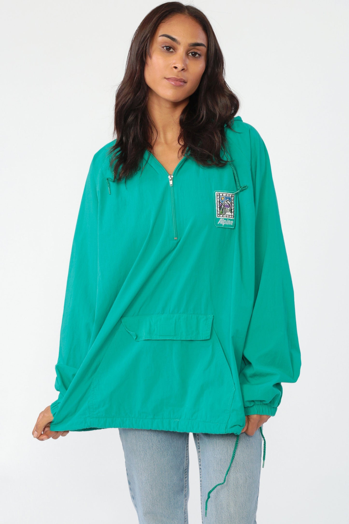90s Alpine Mountain Hooded Windbreaker Jacket Green Cotton Pullover Large