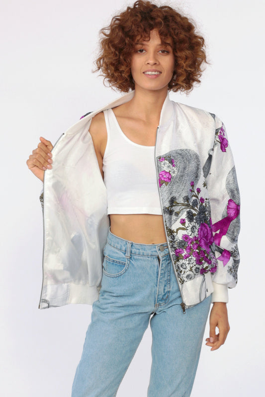 90s Floral Hat Print Windbreaker Jacket White Purple Medium