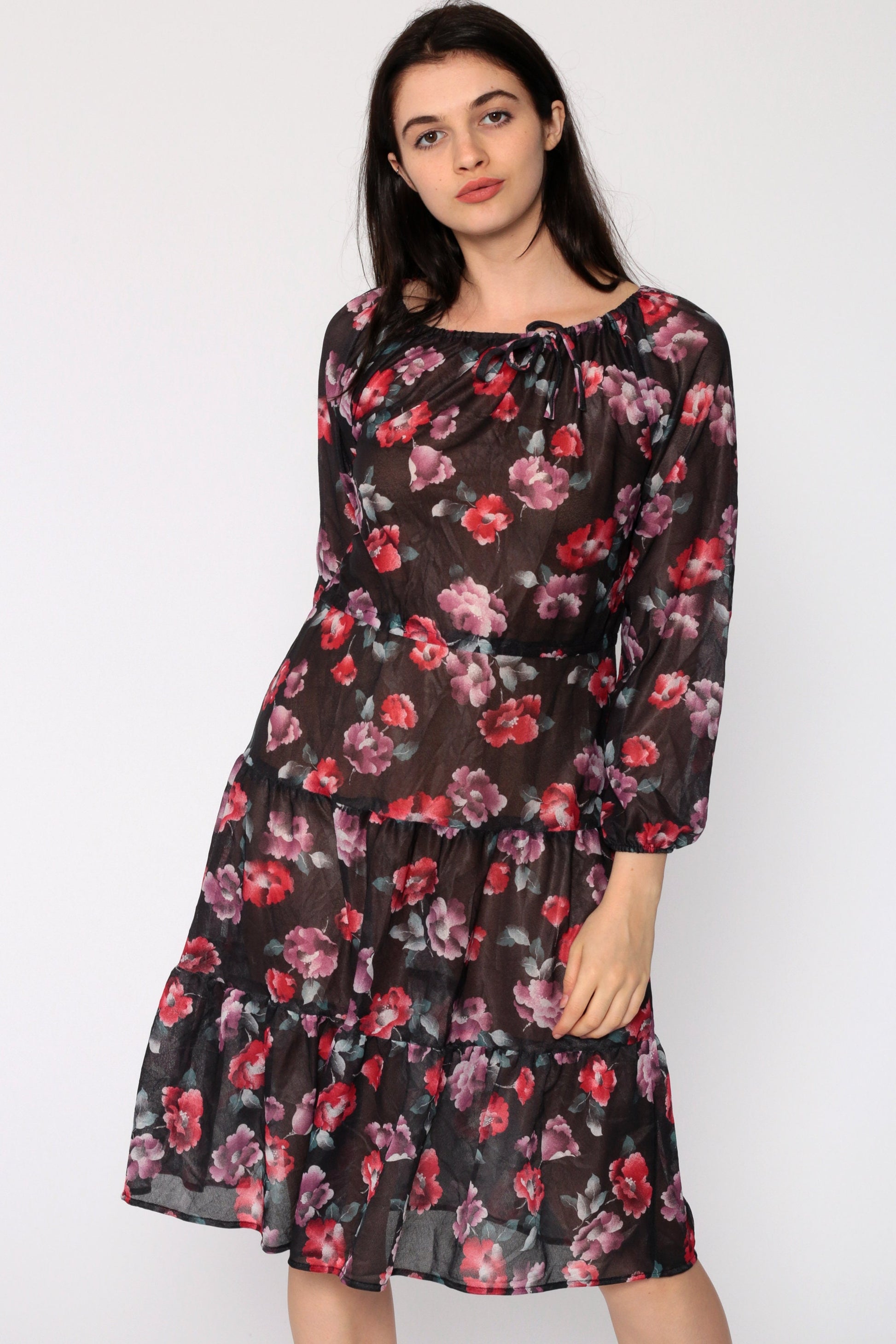 70s Floral Print Midi Dress Tiered Sheer Black High Waist Small