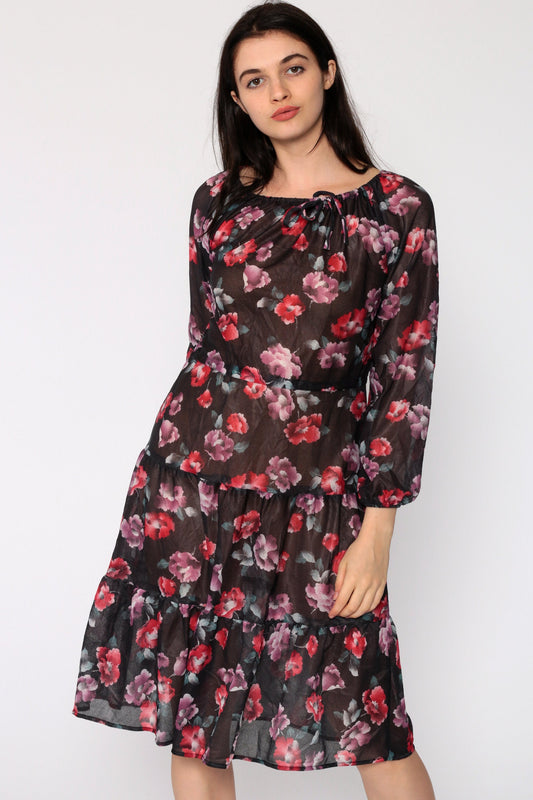 70s Floral Print Midi Dress Tiered Sheer Black High Waist Small