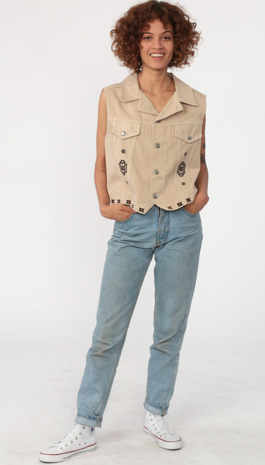80s Watch LA Denim Vest Tan Southwestern Bear Print Medium