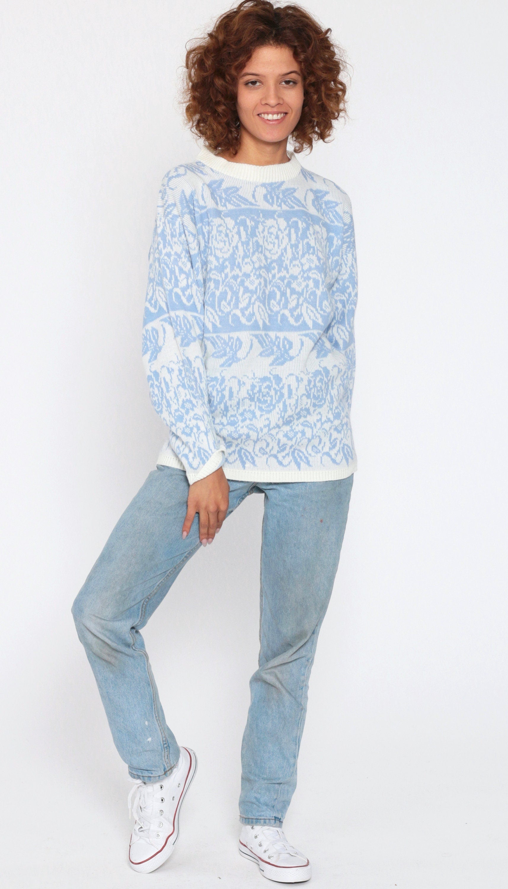 90s Blue Floral Knit Sweater Pullover White Graphic Print Small