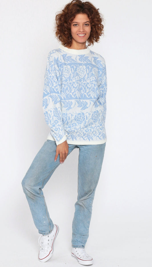 90s Blue Floral Knit Sweater Pullover White Graphic Print Small