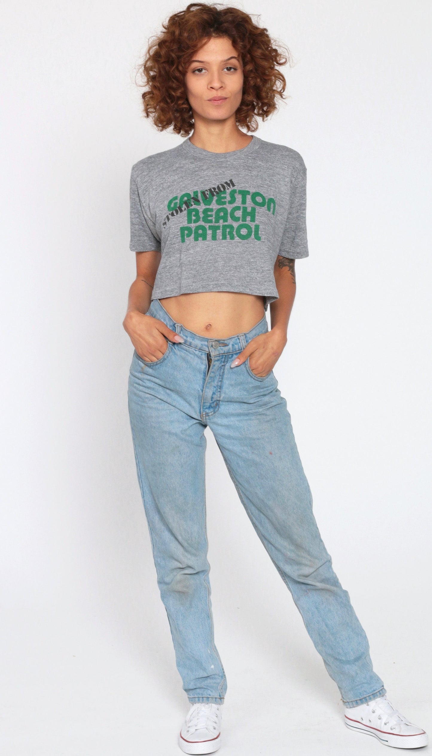 80s Galveston Beach Patrol Graphic Crop Top Grey Cotton Tee Extra Small
